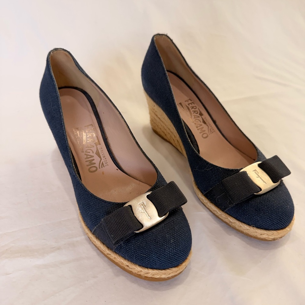 Salvatore Ferragamo Navy Espadrille Wedges with Bow